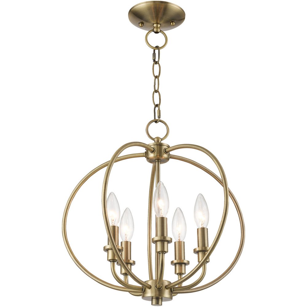 Antiqued Brass Five Light Metal Dimmable Chandelier With Shades