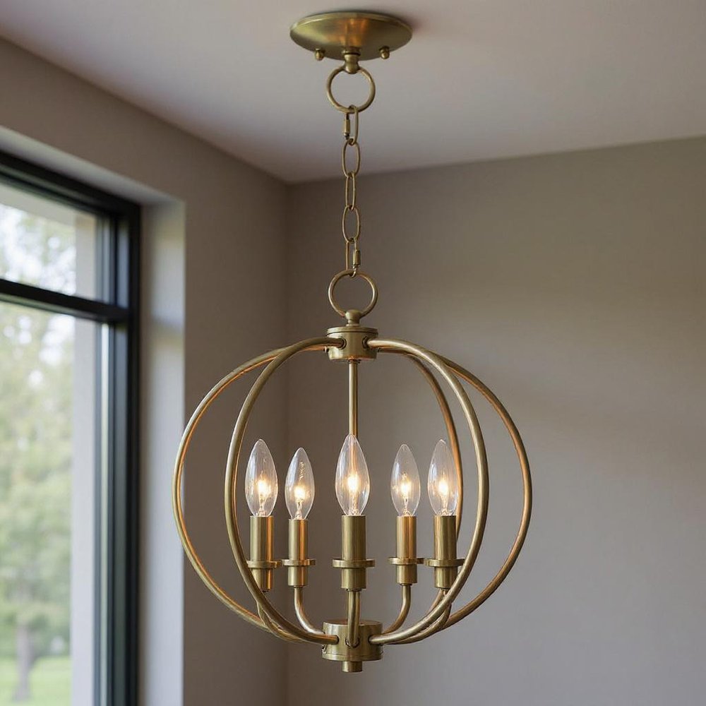 Antiqued Brass Five Light Metal Dimmable Chandelier With Shades