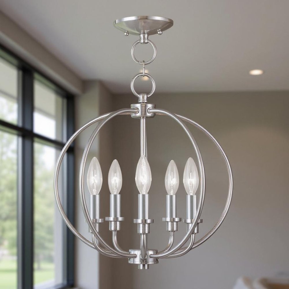 Nickel Five Light Metal Dimmable Chandelier With Shades