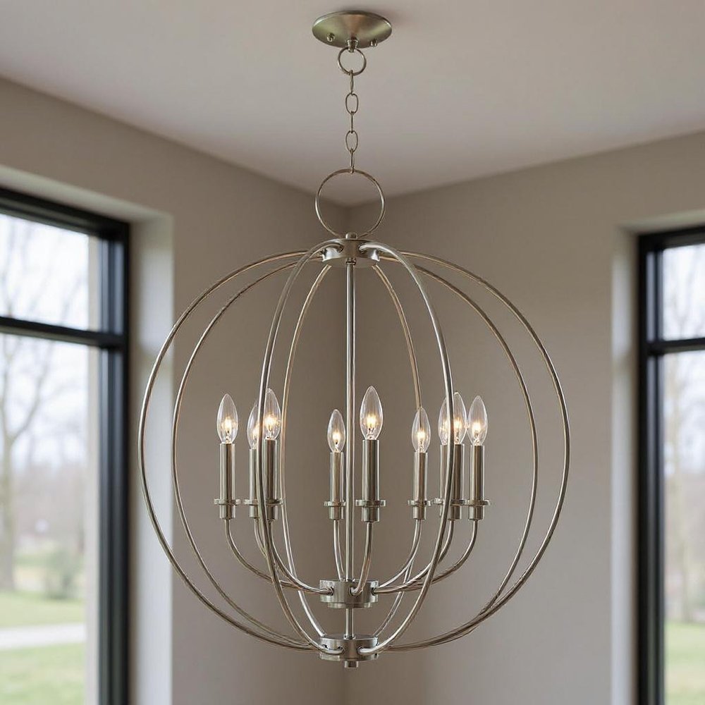 Nickel Eight Light Metal Dimmable Chandelier With Shades