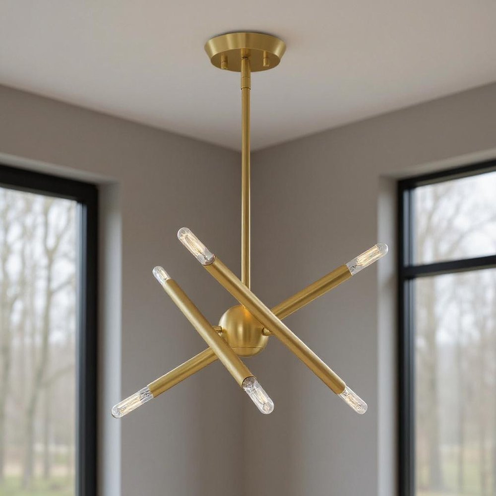 Brass Six Light Metal Dimmable Chandelier With Shades