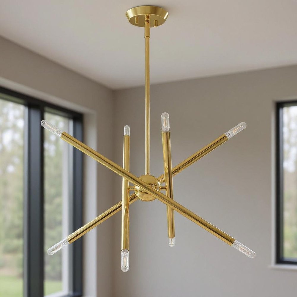 Brass Eight Light Metal Dimmable Chandelier With Shades