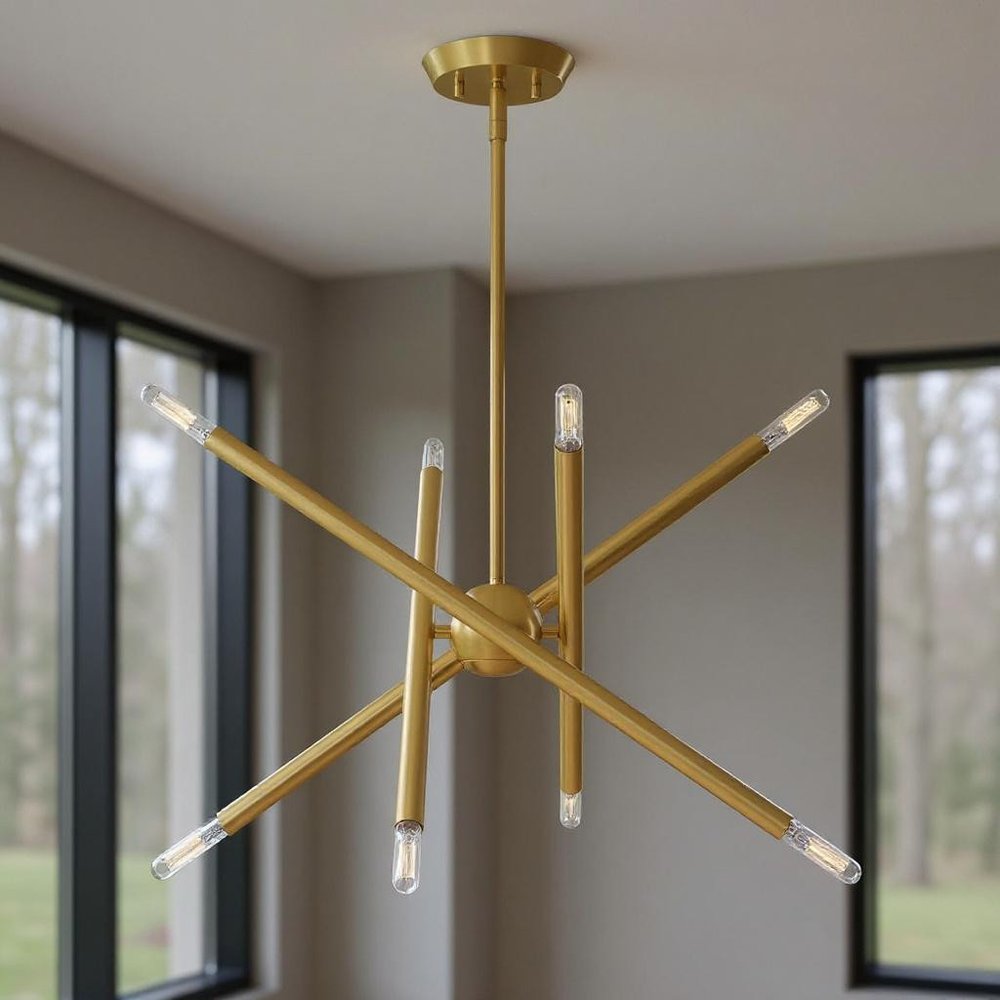 Brass Eight Light Metal Dimmable Chandelier With Shades