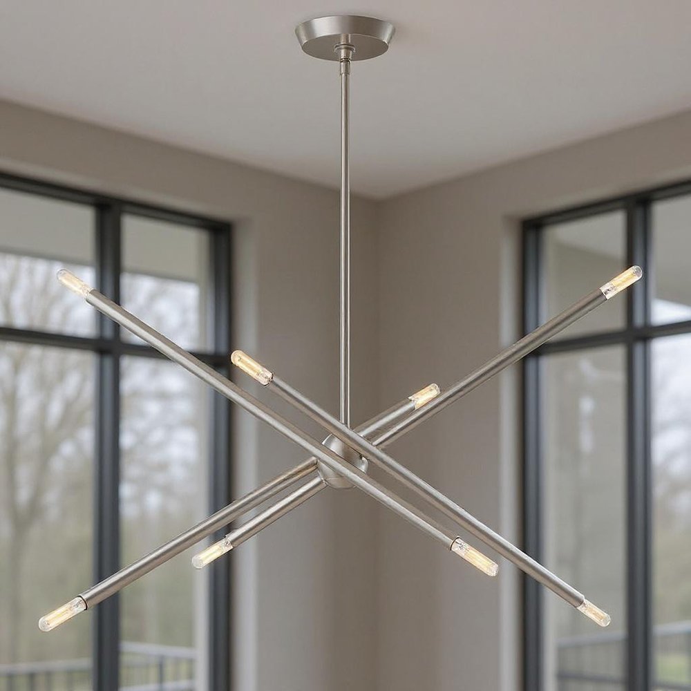 Nickel Eight Light Metal Dimmable Chandelier With Shades