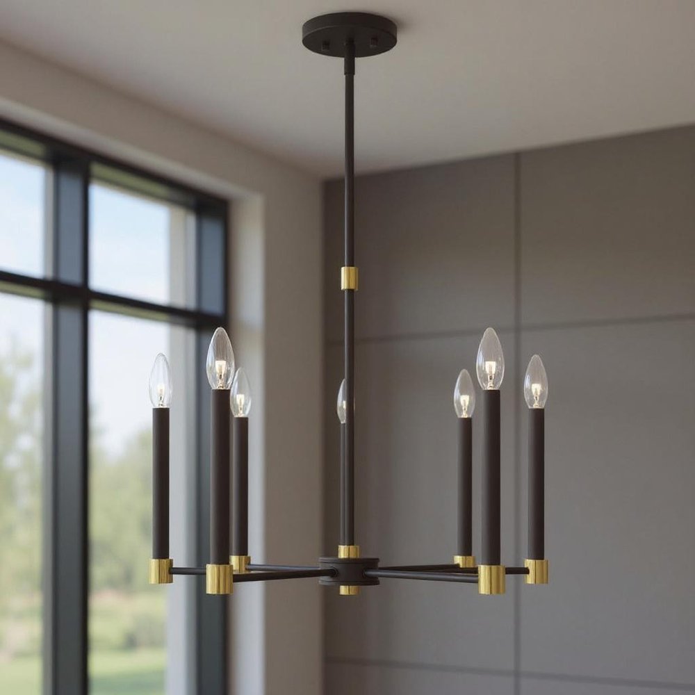 Bronze Five Light Metal Dimmable Chandelier With Shades