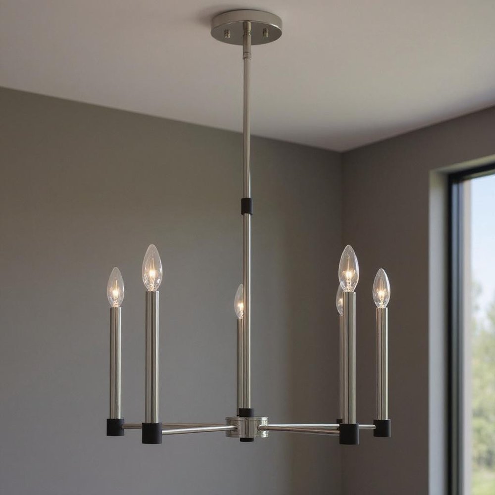 Nickel Five Light Metal Dimmable Chandelier With Shades