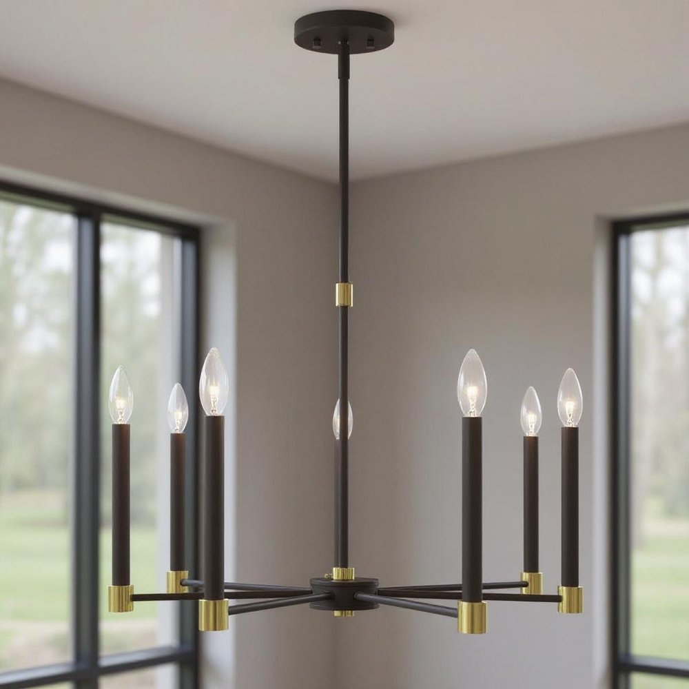 Bronze Seven Light Metal Dimmable Chandelier With Shades