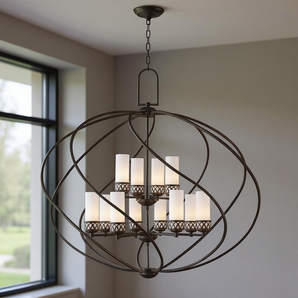 Bronze Twelve Light Metal Dimmable Chandelier With Shades