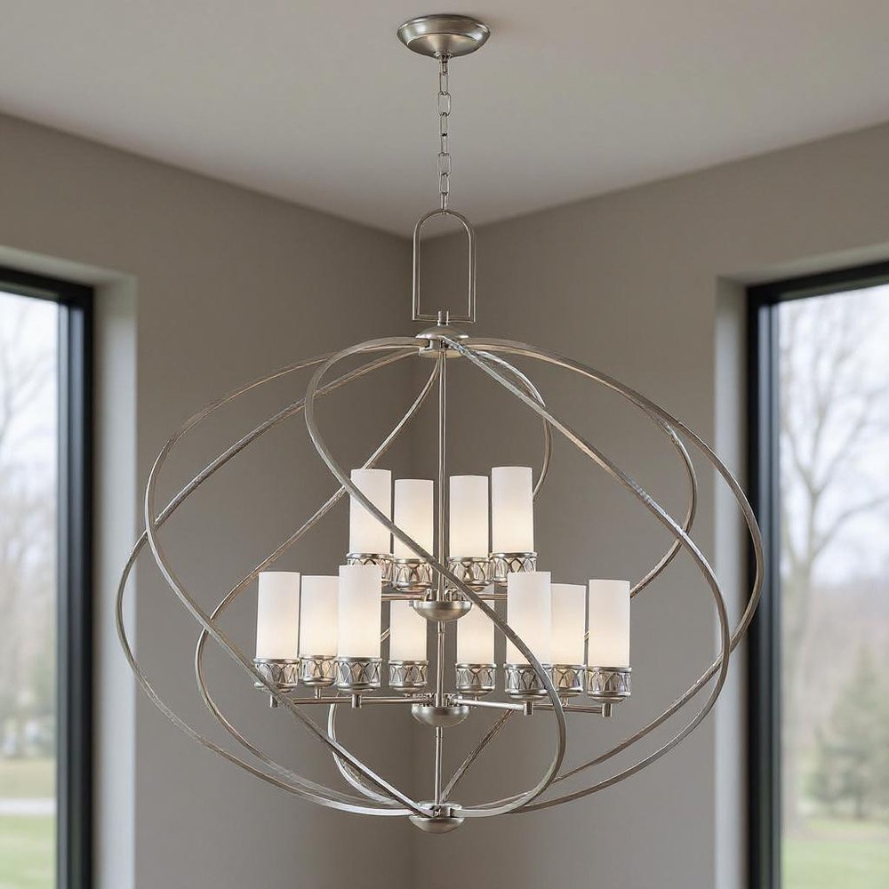 Nickel Twelve Light Metal Dimmable Chandelier With Shades