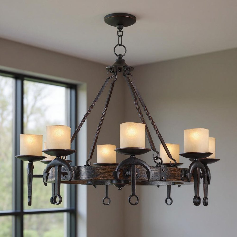 Bronze And Cream Eight Light Resin Dimmable Chandelier With Shades
