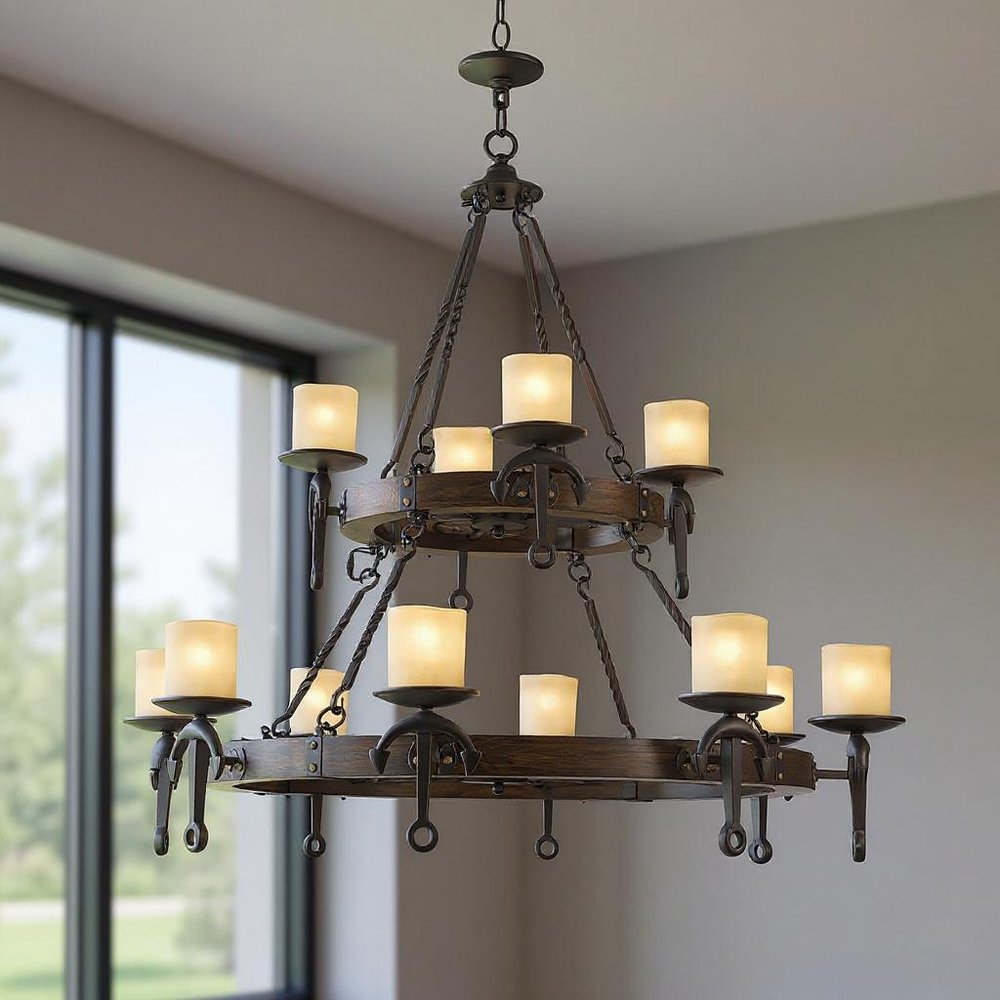 Bronze Twelve Light Metal Dimmable Chandelier With Shades