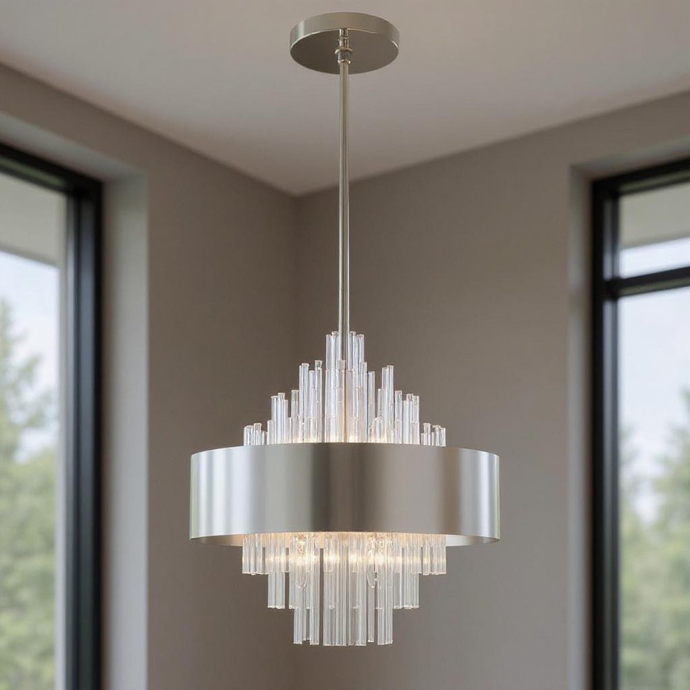 Nickel Eight Light Metal Dimmable Chandelier With Shades