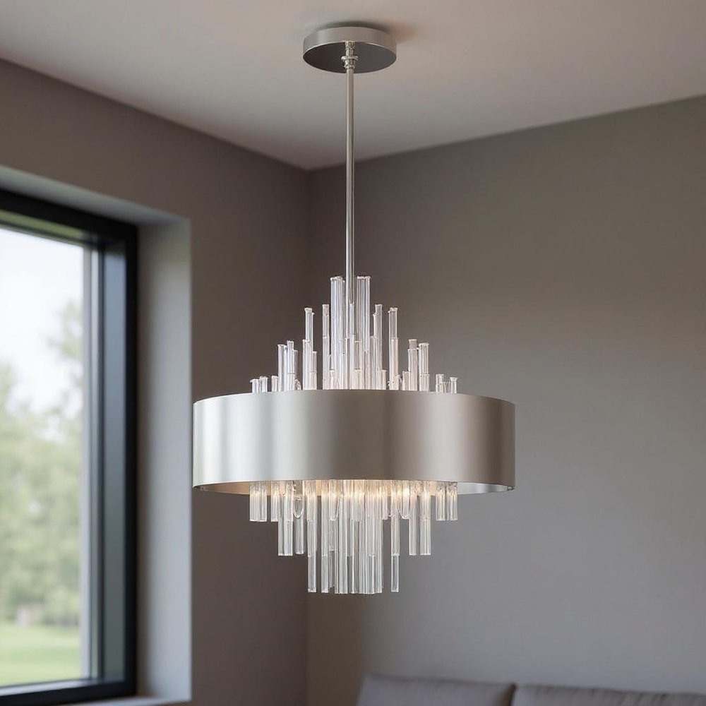 Nickel Ten Light Metal Dimmable Chandelier With Shades