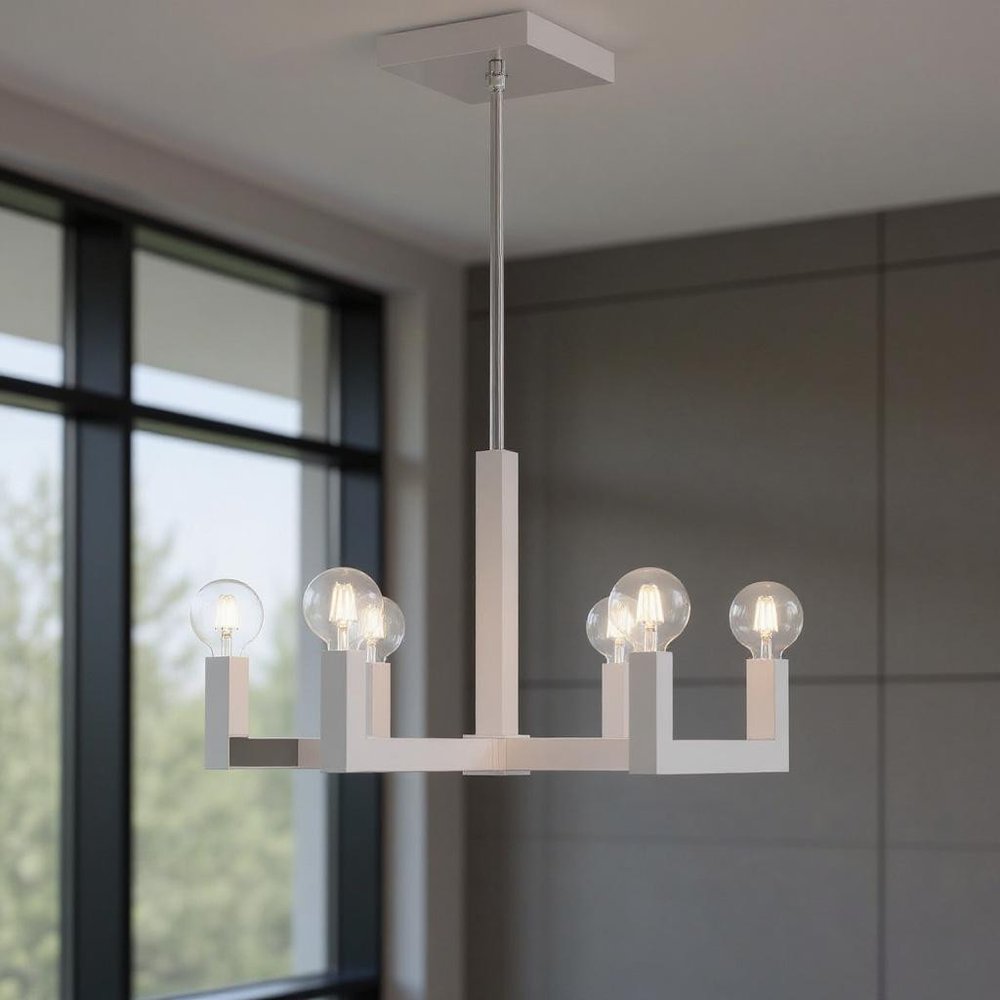 Silver Six Light Metal Dimmable Chandelier With Shades