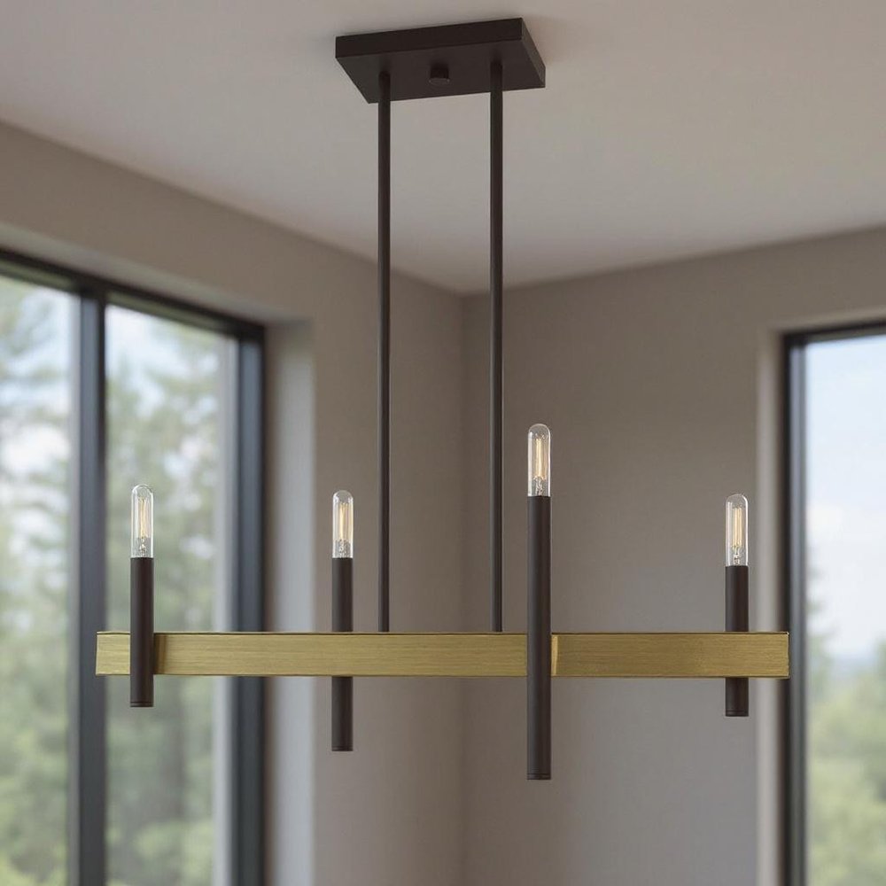Bronze Four Light Metal Dimmable Chandelier With Shades