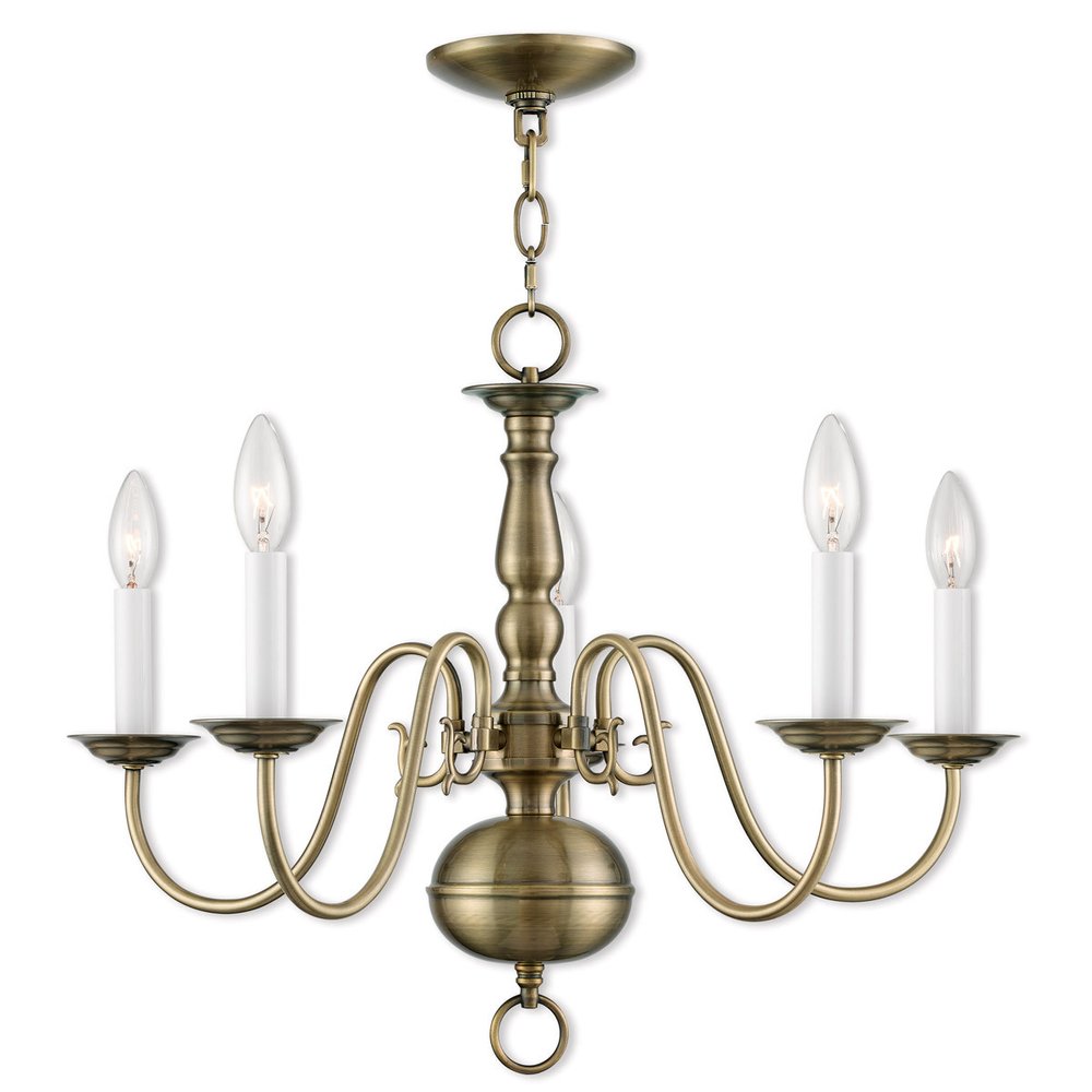 Antiqued Brass Five Light Metal Dimmable Chandelier With Shades