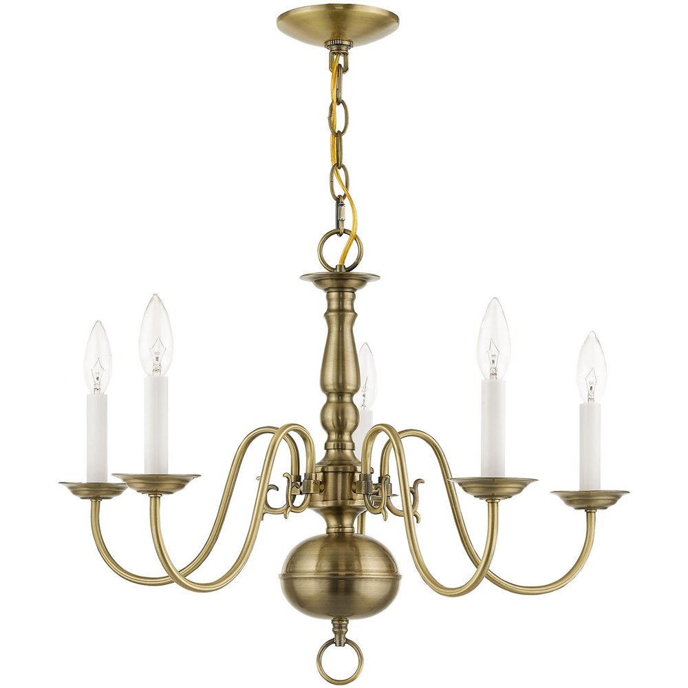 Antiqued Brass Five Light Metal Dimmable Chandelier With Shades