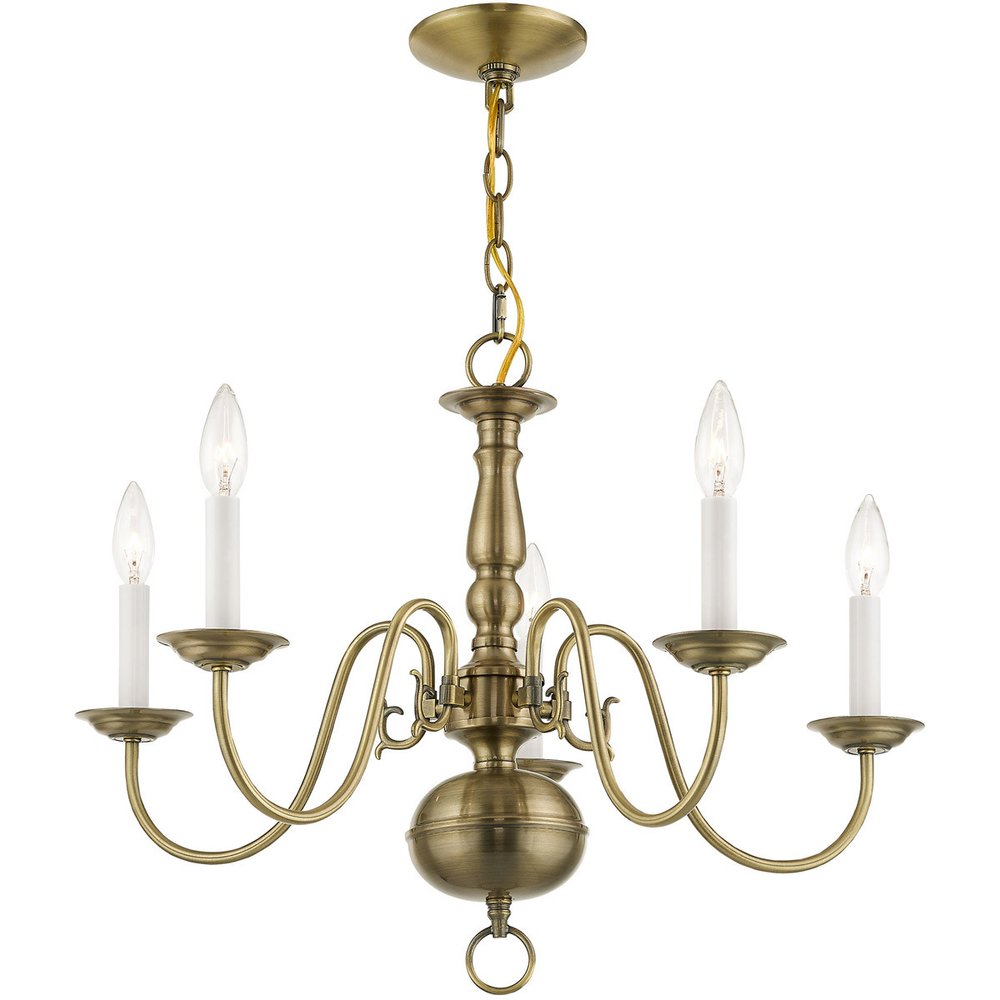 Antiqued Brass Five Light Metal Dimmable Chandelier With Shades