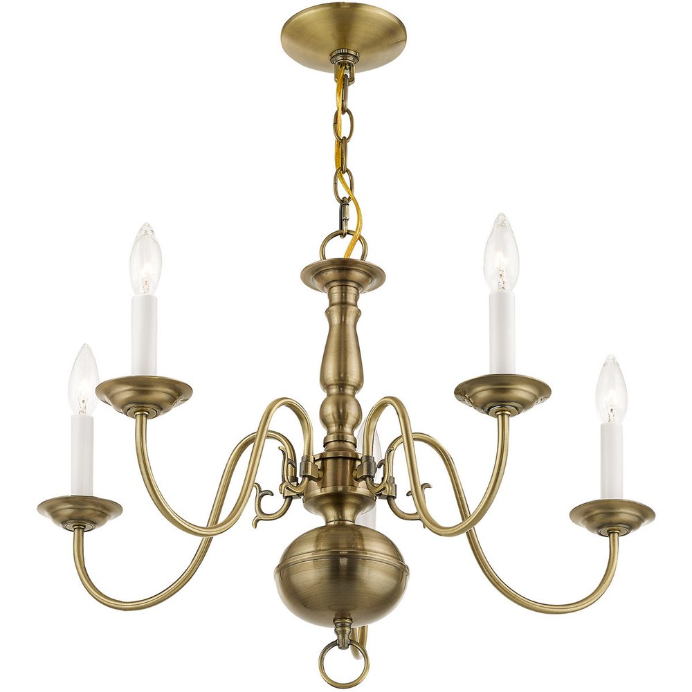 Antiqued Brass Five Light Metal Dimmable Chandelier With Shades