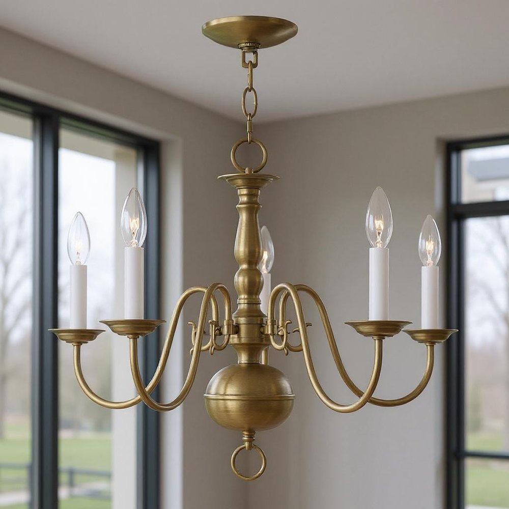 Antiqued Brass Five Light Metal Dimmable Chandelier With Shades