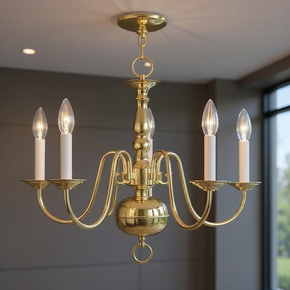 Brass Five Light Metal Dimmable Chandelier With Shades