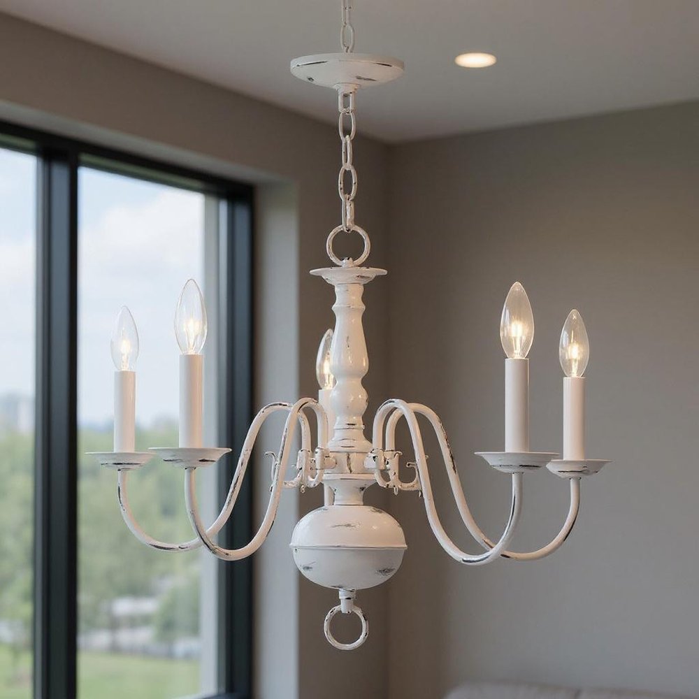 Antiqued White Five Light Metal Dimmable Chandelier With Shades