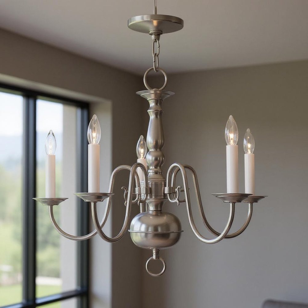 Nickel Five Light Metal Dimmable Chandelier With Shades