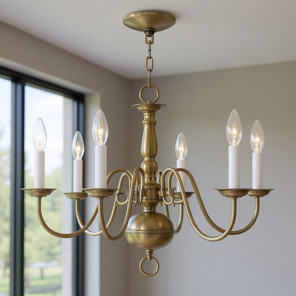 Antiqued Brass Six Light Metal Dimmable Chandelier With Shades