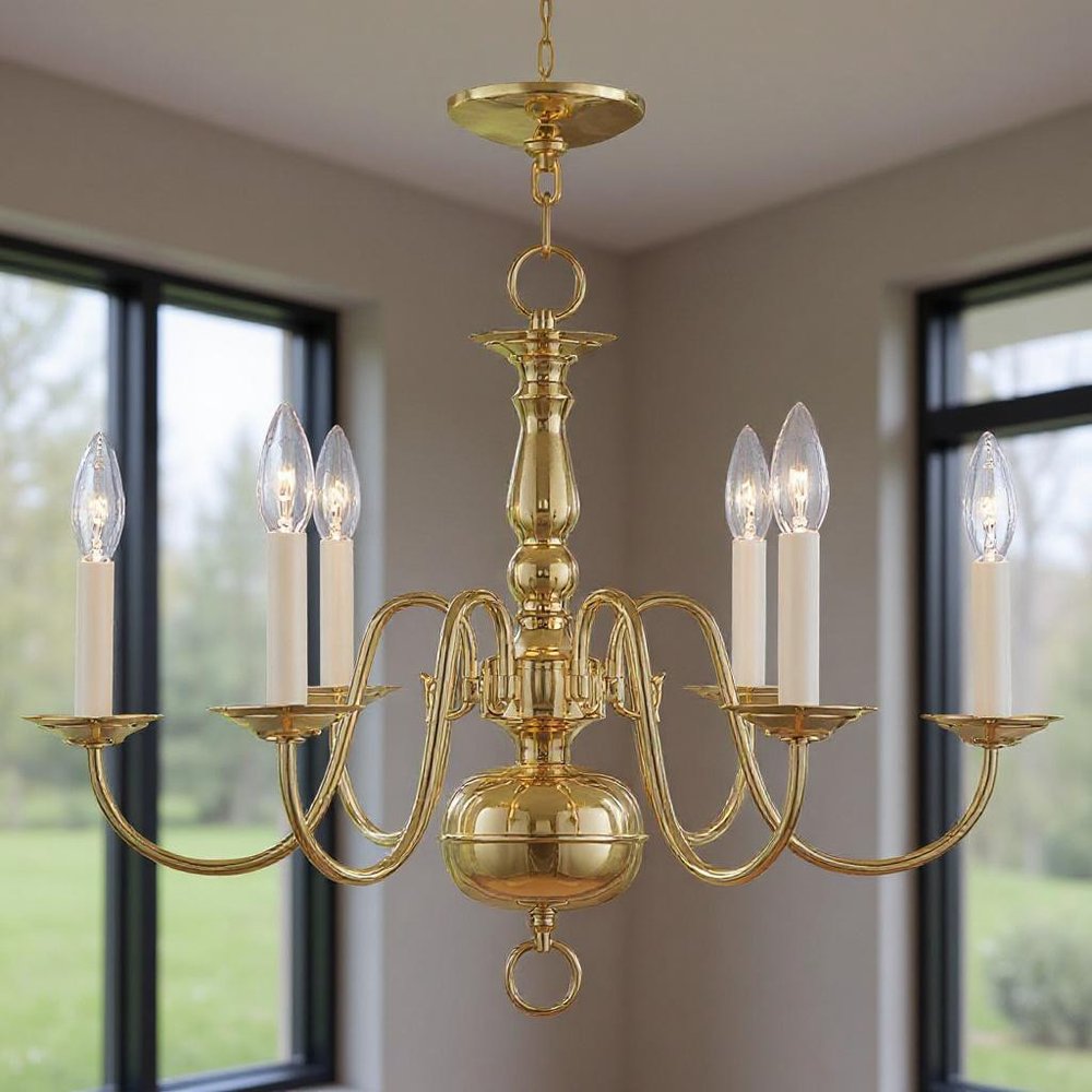 Brass Six Light Metal Dimmable Chandelier With Shades