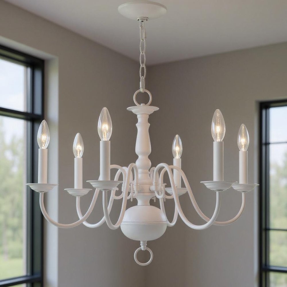 White Six Light Metal Dimmable Chandelier With Shades