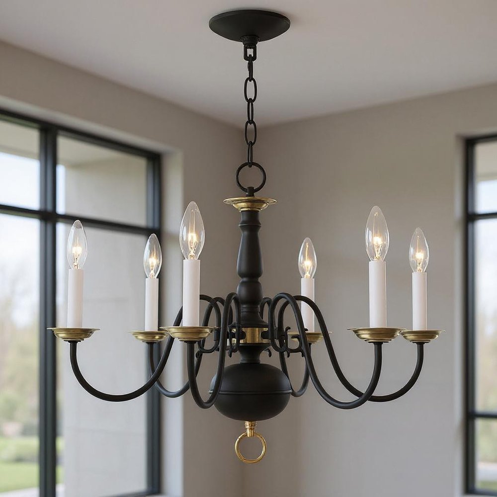 Black Six Light Metal Dimmable Chandelier With Shades