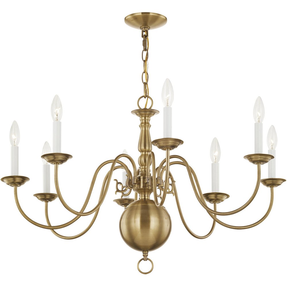 Antiqued Brass Eight Light Metal Dimmable Chandelier With Shades