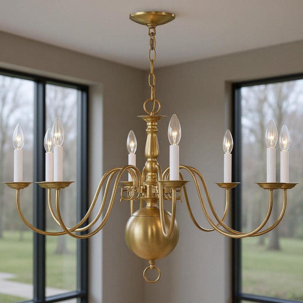 Antiqued Brass Eight Light Metal Dimmable Chandelier With Shades