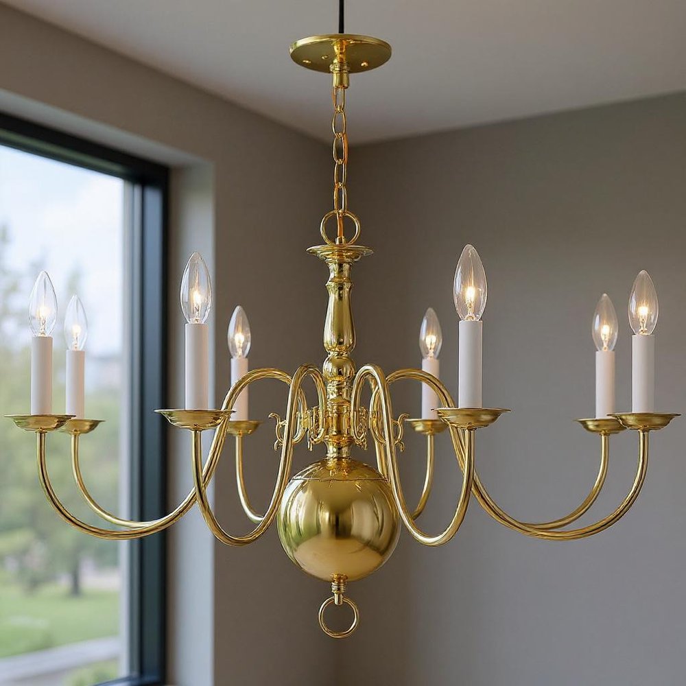 Brass Eight Light Metal Dimmable Chandelier With Shades