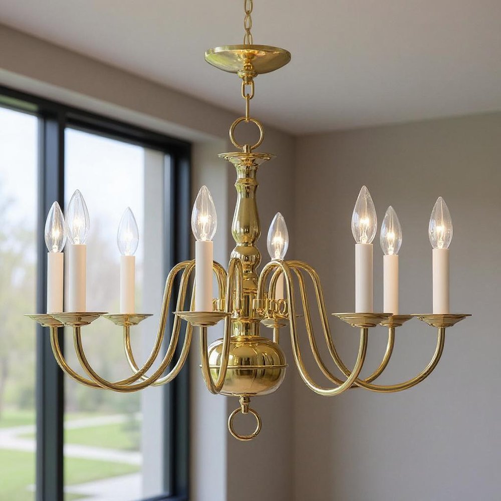 Brass Eight Light Metal Dimmable Chandelier With Shades