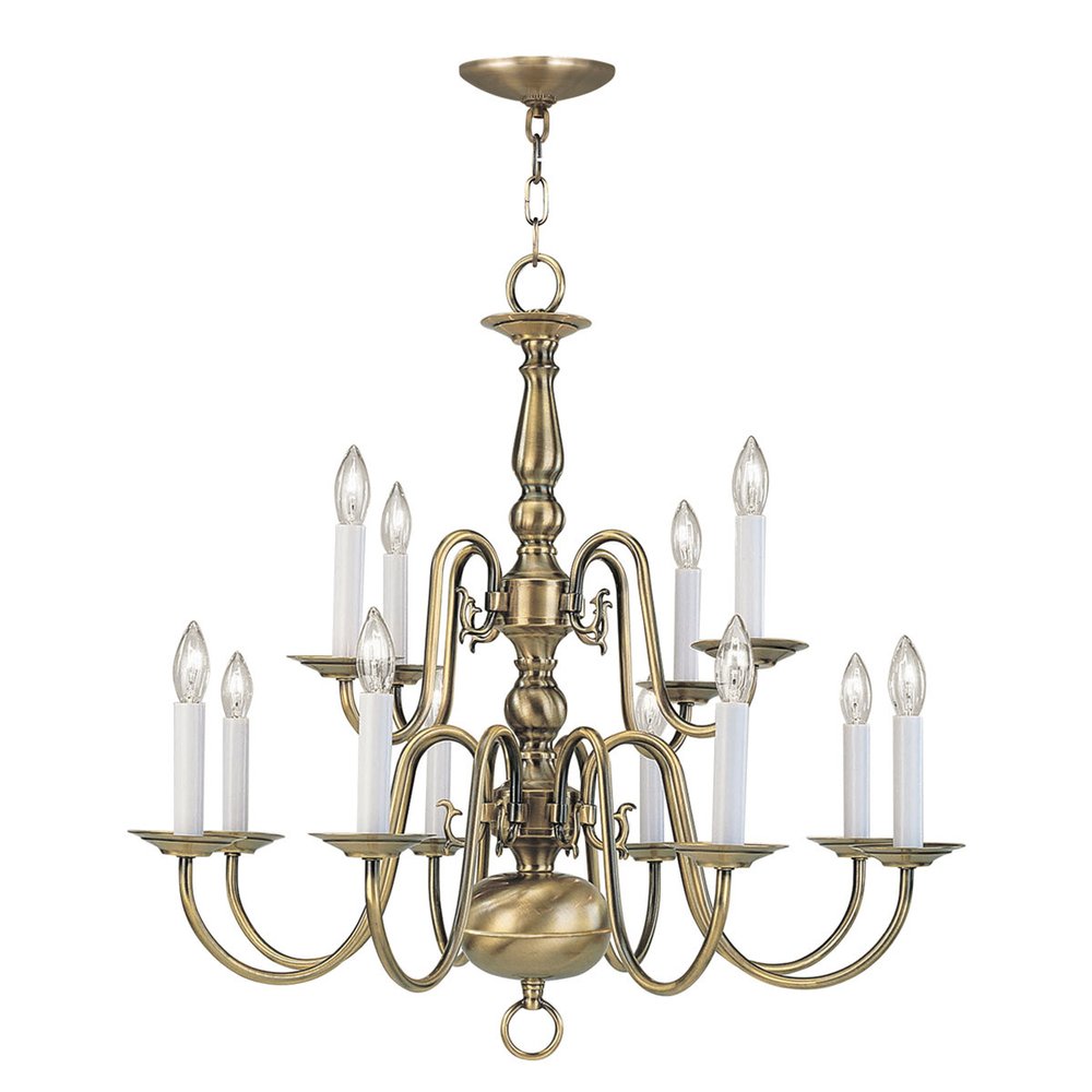 Antiqued Brass Twelve Light Metal Dimmable Chandelier With Shades