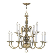 Antiqued Brass Twelve Light Metal Dimmable Chandelier With Shades