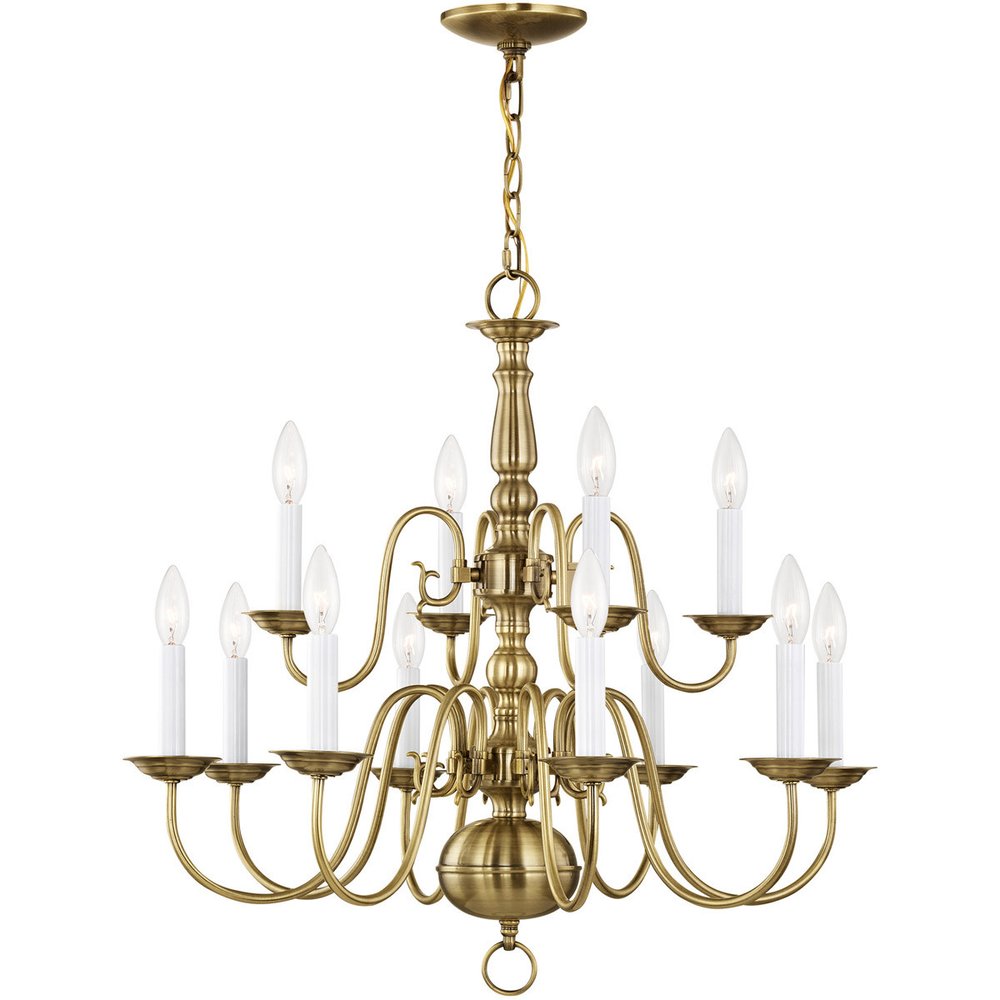 Antiqued Brass Twelve Light Metal Dimmable Chandelier With Shades