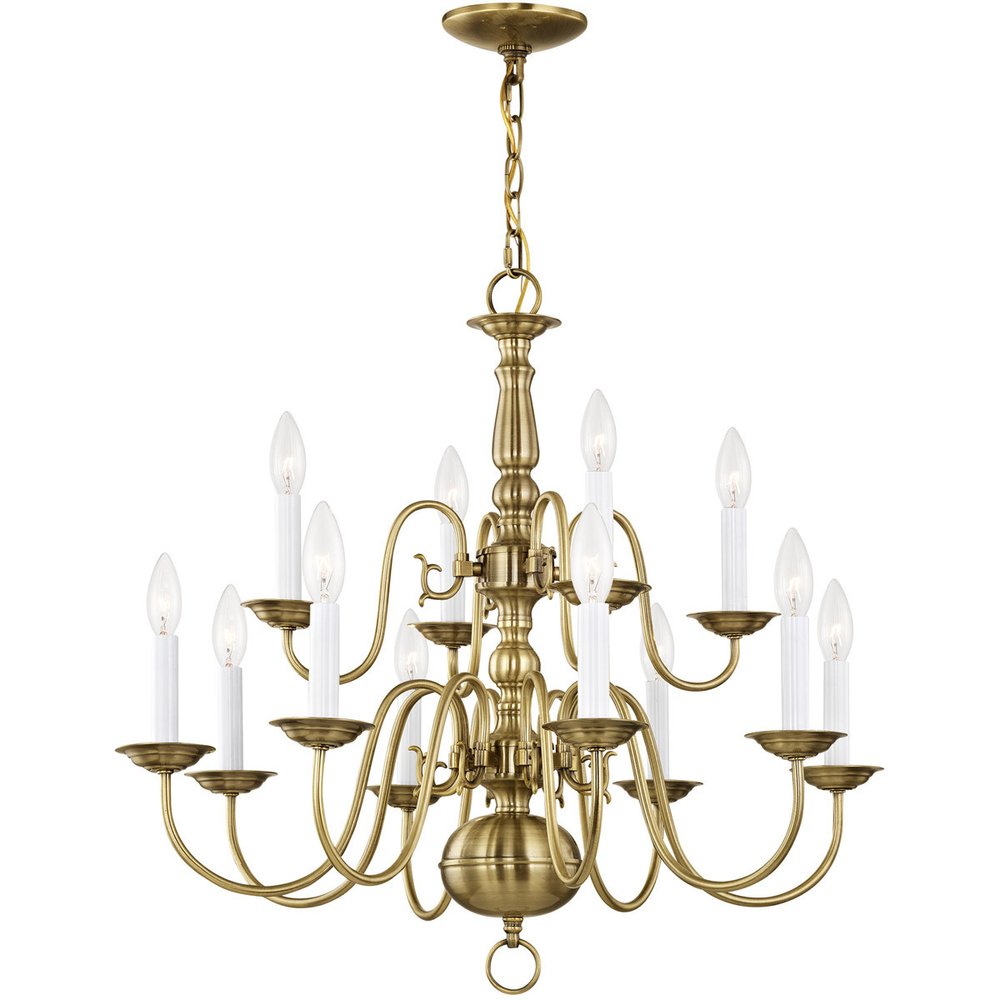 Antiqued Brass Twelve Light Metal Dimmable Chandelier With Shades