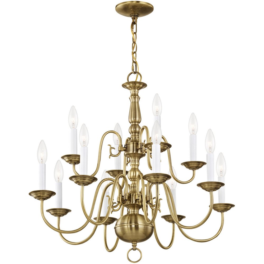 Antiqued Brass Twelve Light Metal Dimmable Chandelier With Shades