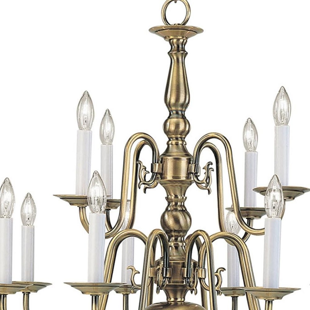 Antiqued Brass Twelve Light Metal Dimmable Chandelier With Shades