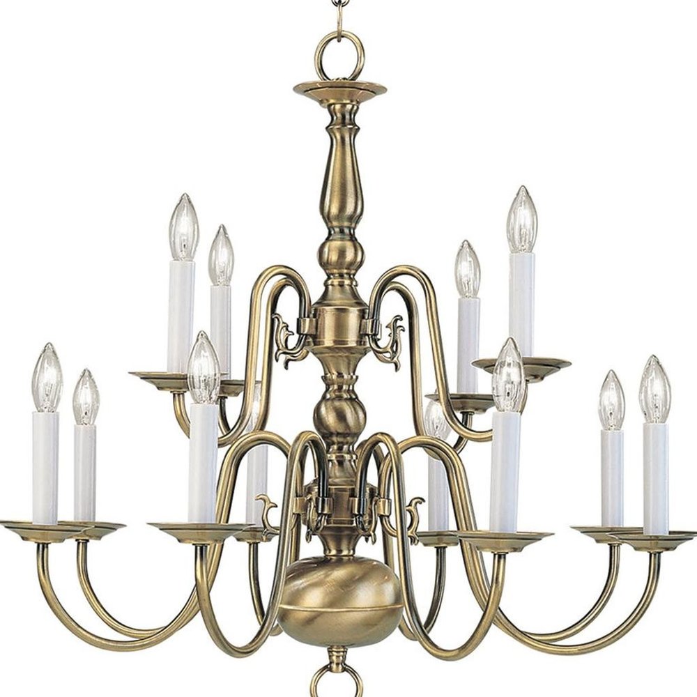 Antiqued Brass Twelve Light Metal Dimmable Chandelier With Shades