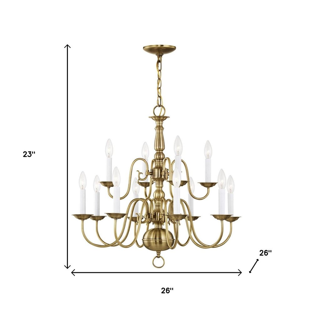 Antiqued Brass Twelve Light Metal Dimmable Chandelier With Shades