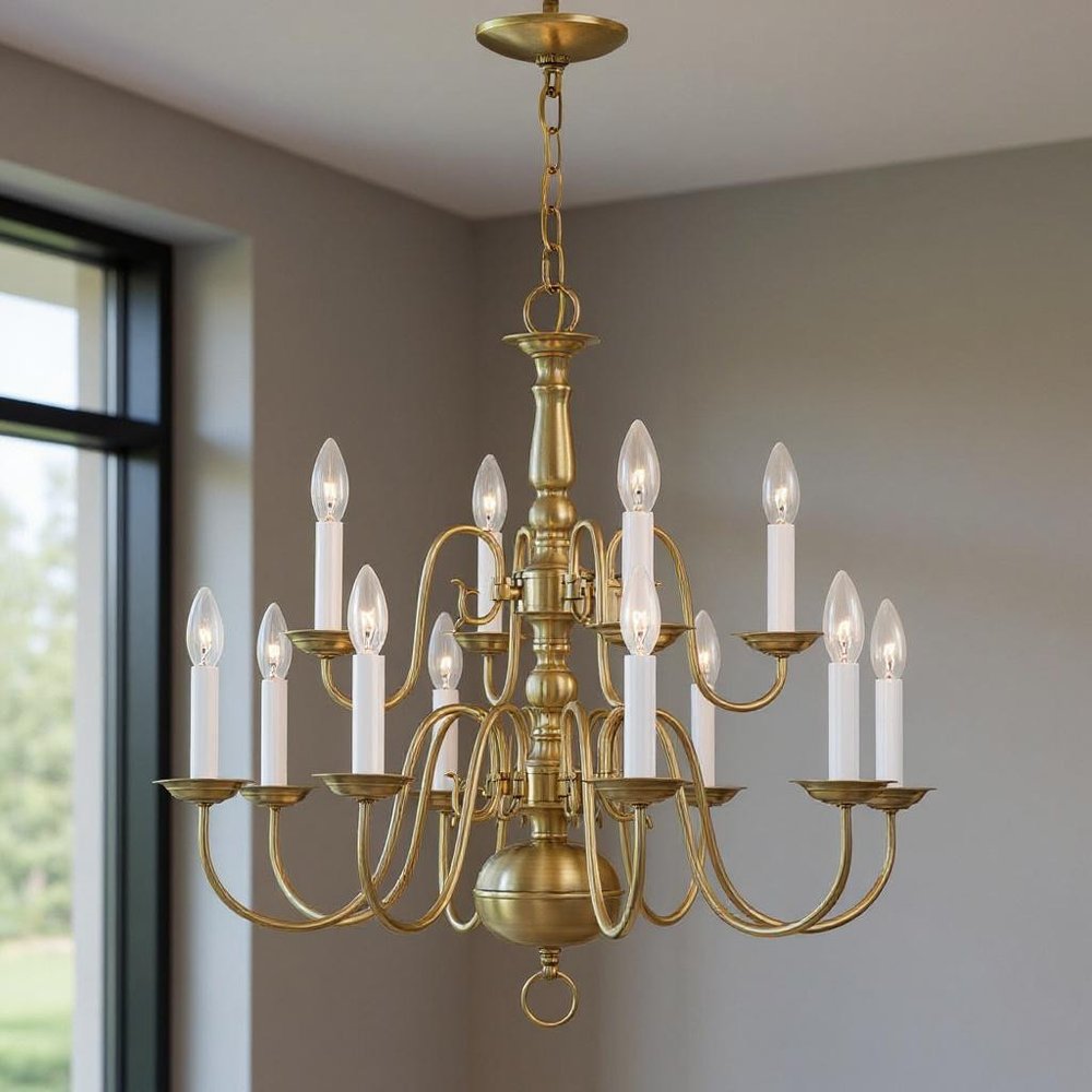 Antiqued Brass Twelve Light Metal Dimmable Chandelier With Shades