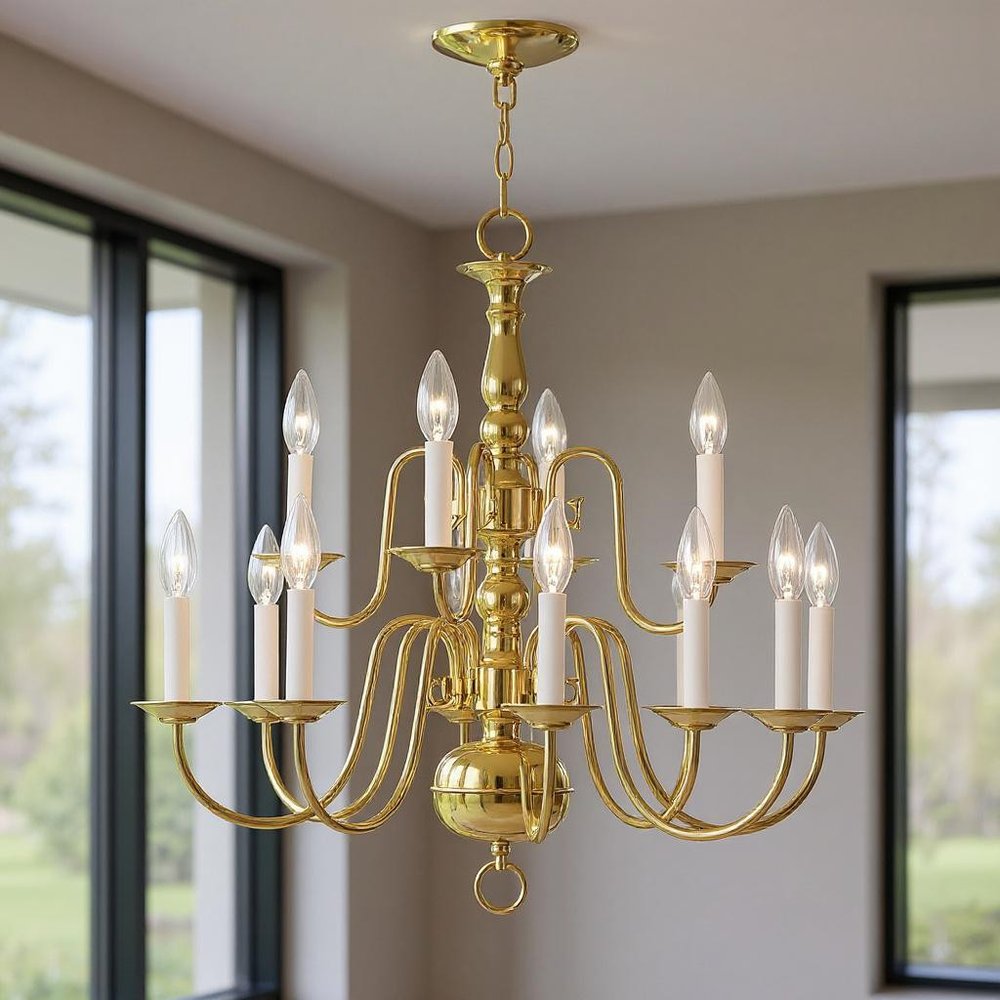 Brass Twelve Light Metal Dimmable Chandelier With Shades