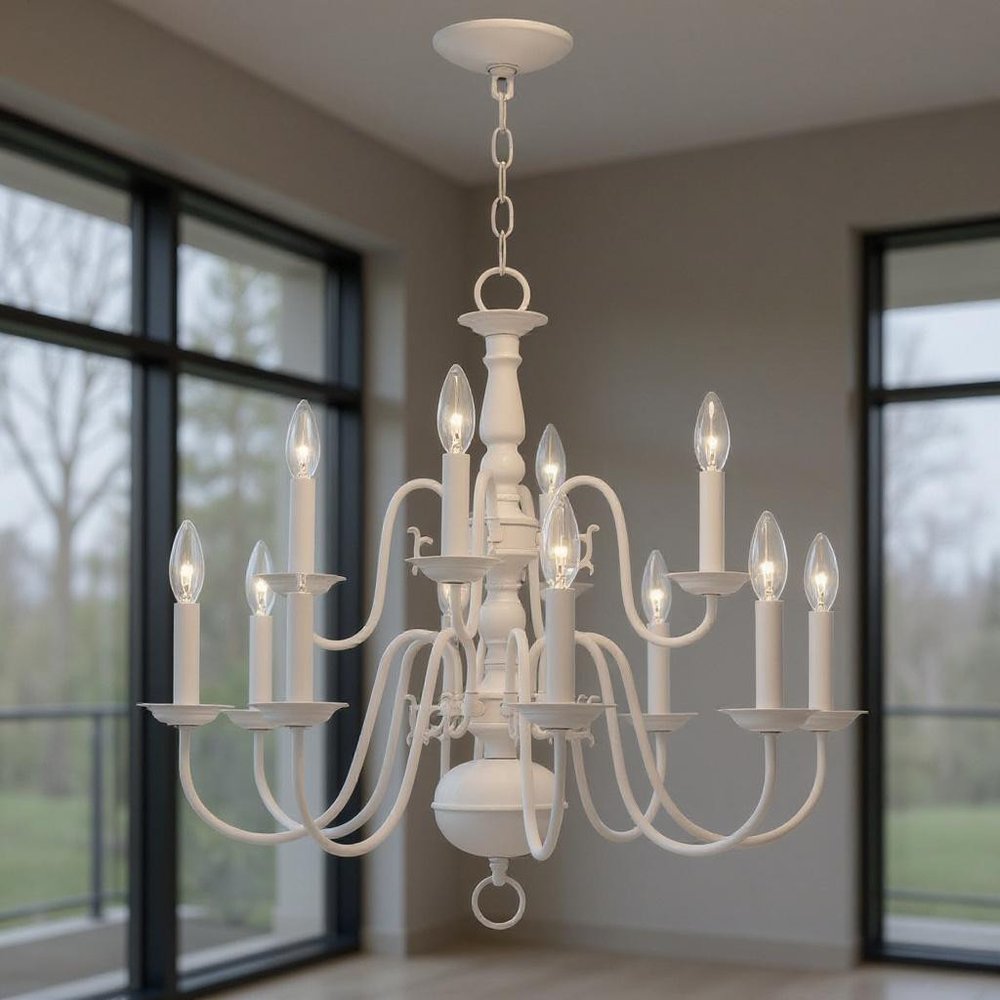 White Twelve Light Metal Dimmable Chandelier With Shades