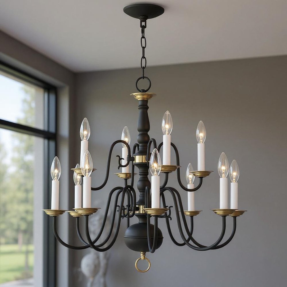 Black Twelve Light Metal Dimmable Chandelier With Shades