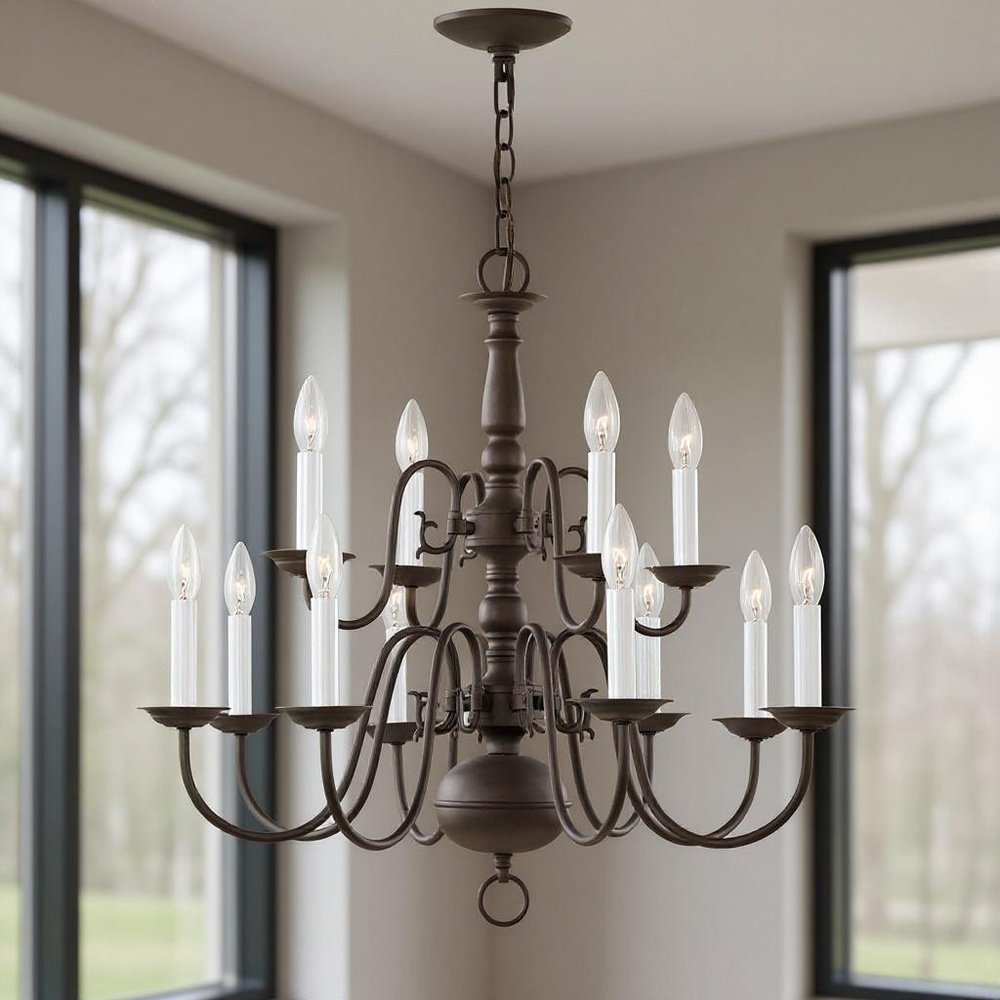 Bronze Twelve Light Metal Dimmable Chandelier With Shades