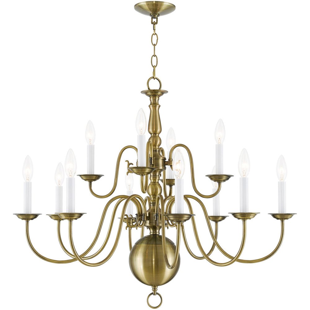 Antiqued Brass Twelve Light Metal Dimmable Chandelier With Shades