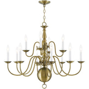Antiqued Brass Twelve Light Metal Dimmable Chandelier With Shades